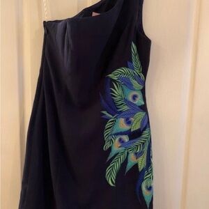 Lilly Pulitzer Black One Shoulder Dress with Peacock Design